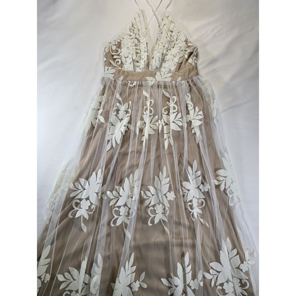 The Vintage Shop Nude White Floral Lace Tulle Dress Boho Deep V Back Size M